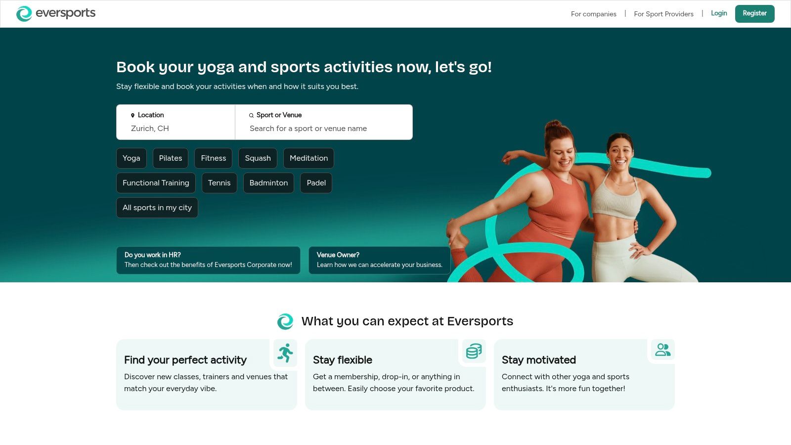 Screenshot der Eversports-Plattform, die verschiedene Yogakurse und Sportaktivitäten anzeigt.