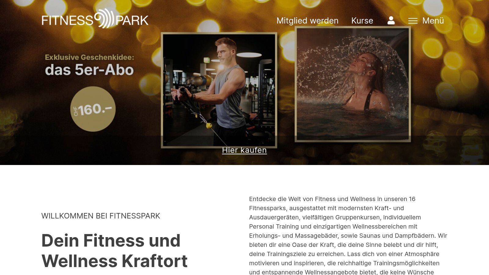 Ein Einblick in die Fitnesspark-Website mit Fokus auf ein Gym in Zürich.