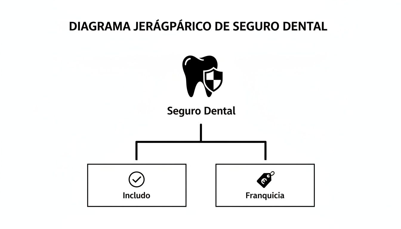 Qué cubre un seguro dental: que cubre un seguro dental para estudiantes 1 Diagrama jerárquico de seguro dental que detalla lo incluido y la franquicia, con iconos relevantes.