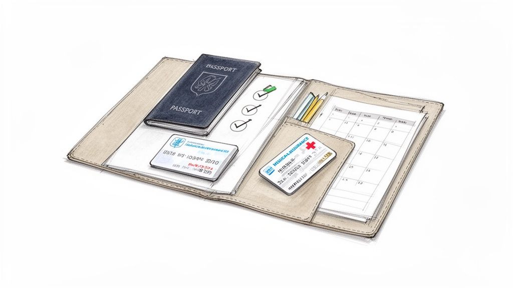 Tu guía completa para el visado Schengen España y cómo obtenerlo 2 Organizador de viaje abierto mostrando pasaporte, tarjetas de identificación, seguro médico, calendario y lista.