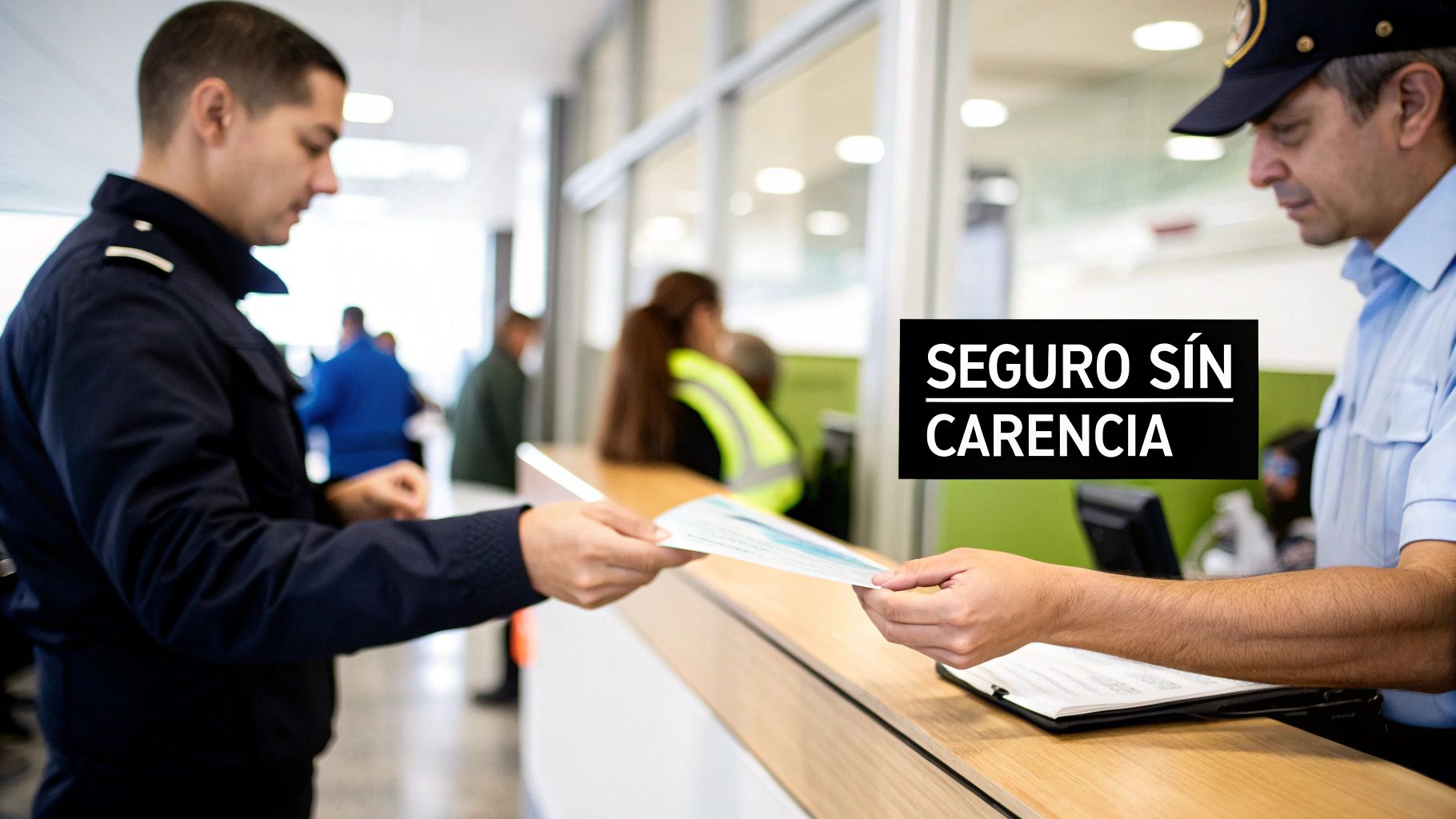 Dos hombres intercambian documentos en un mostrador, con el texto 'SEGURO SÍN CARENCIA' resaltando una transacción rápida.