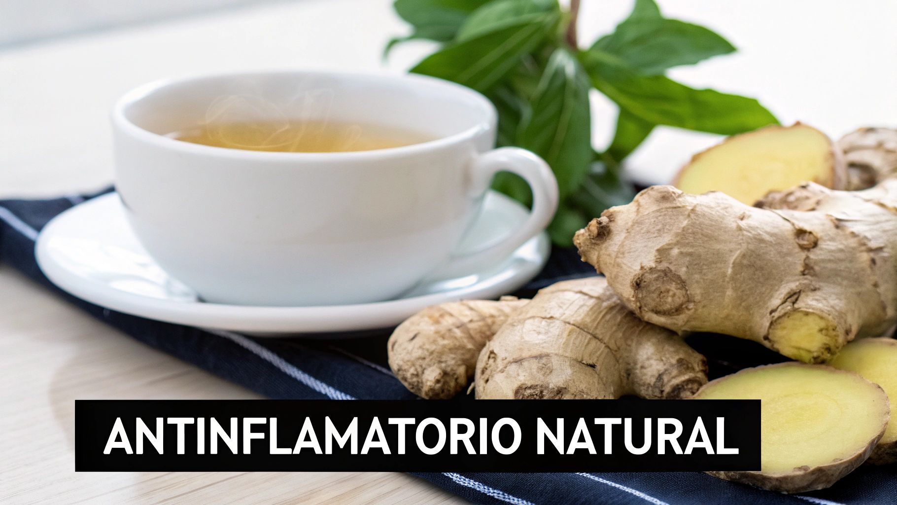 Taza de té caliente humeante con jengibre fresco y hojas de menta, promoviendo un efecto antiinflamatorio natural.