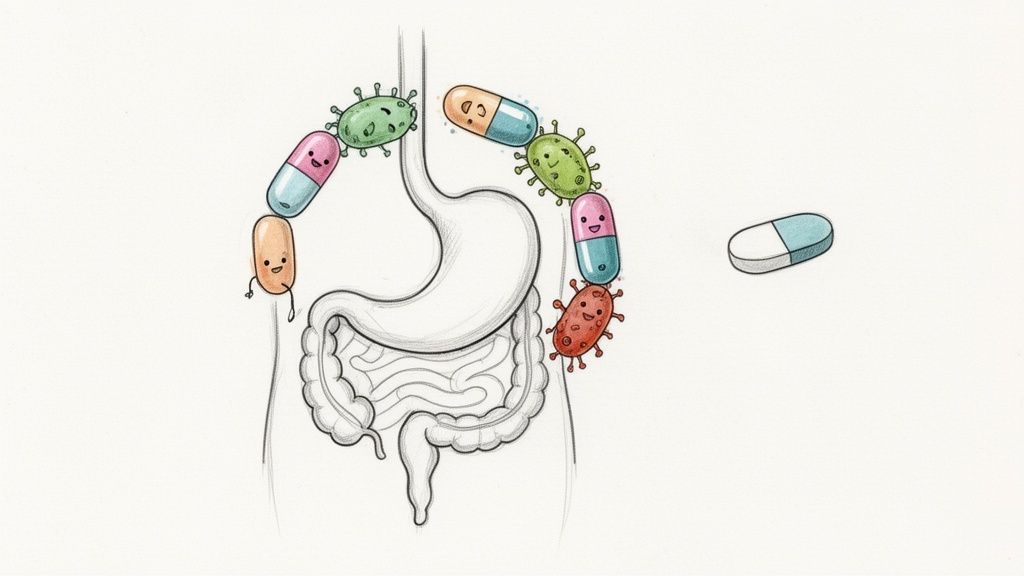 Qué hacer ante la diarrea por antibiotico en España 3 Ilustración de un sistema digestivo con píldoras y bacterias de dibujos animados interactuando.