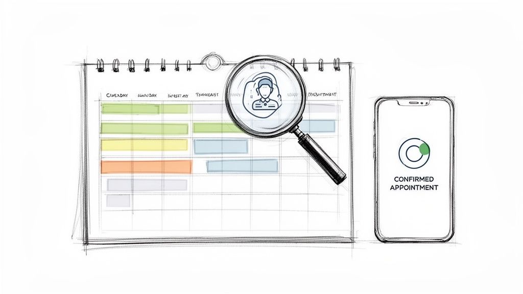 Tu guía del Asisa portal del paciente para estudiantes internacionales 4 Ilustración de un calendario y una lupa buscando un médico, con un teléfono que muestra una cita confirmada.