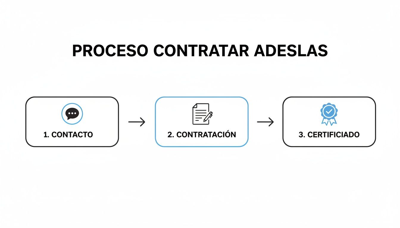 Diagrama de flujo que muestra el proceso para contratar Adeslas en tres pasos: contacto, contratación y certificado.
