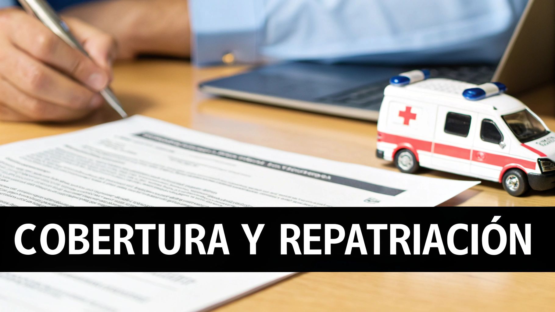 Hombre firmando papeles de seguro con una ambulancia de juguete y el texto "Cobertura y Repatriación".