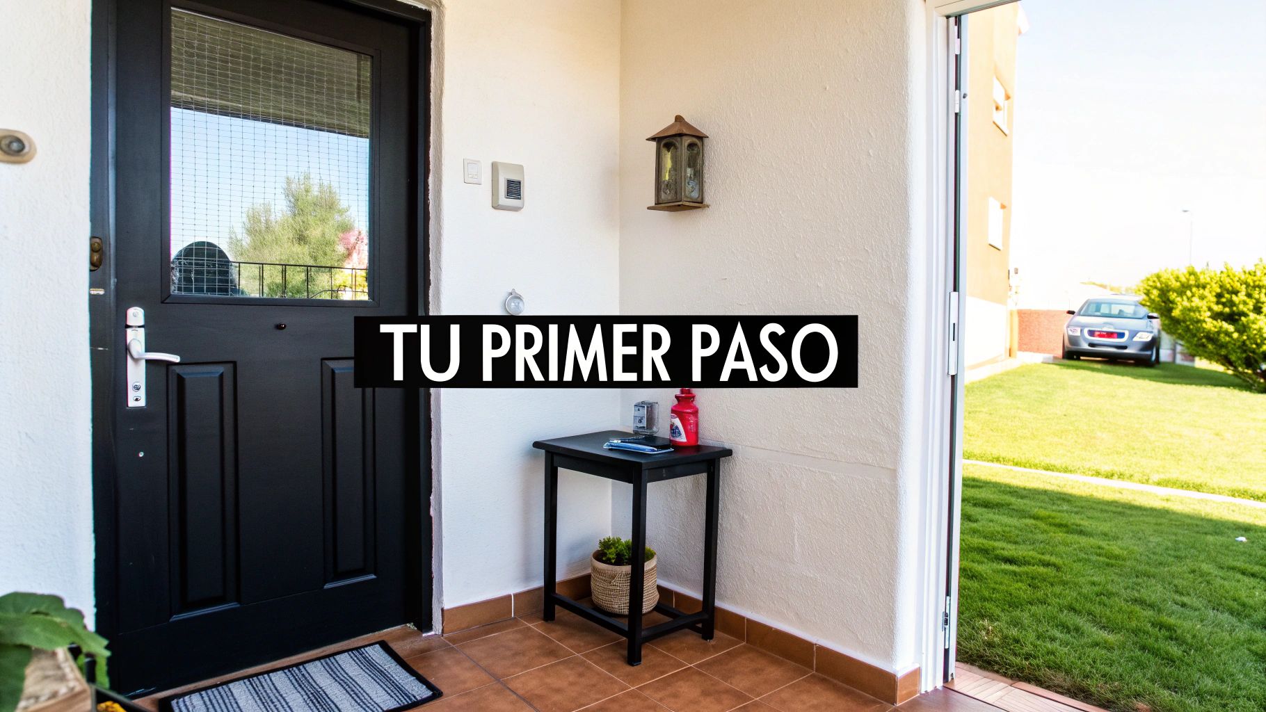 Entrada de una casa con puerta negra, cartel 'TU PRIMER PASO' y jardín con coche.