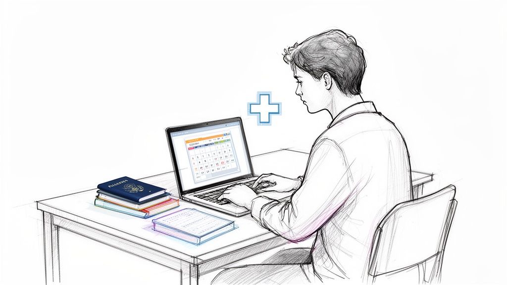 Cita previa ASISA online: la guía definitiva para estudiantes 1 Hombre joven usando laptop con calendario en pantalla, pasaporte y libros en el escritorio. Cruz azul de salud flotando.