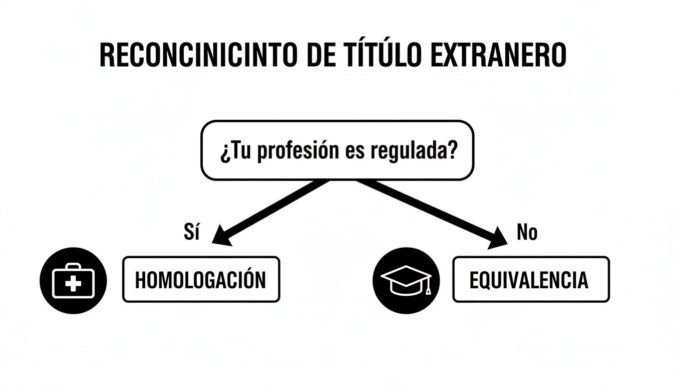 Diagrama de flujo para reconocer un título extranjero, mostrando homologación para profesiones reguladas y equivalencia para las no reguladas.