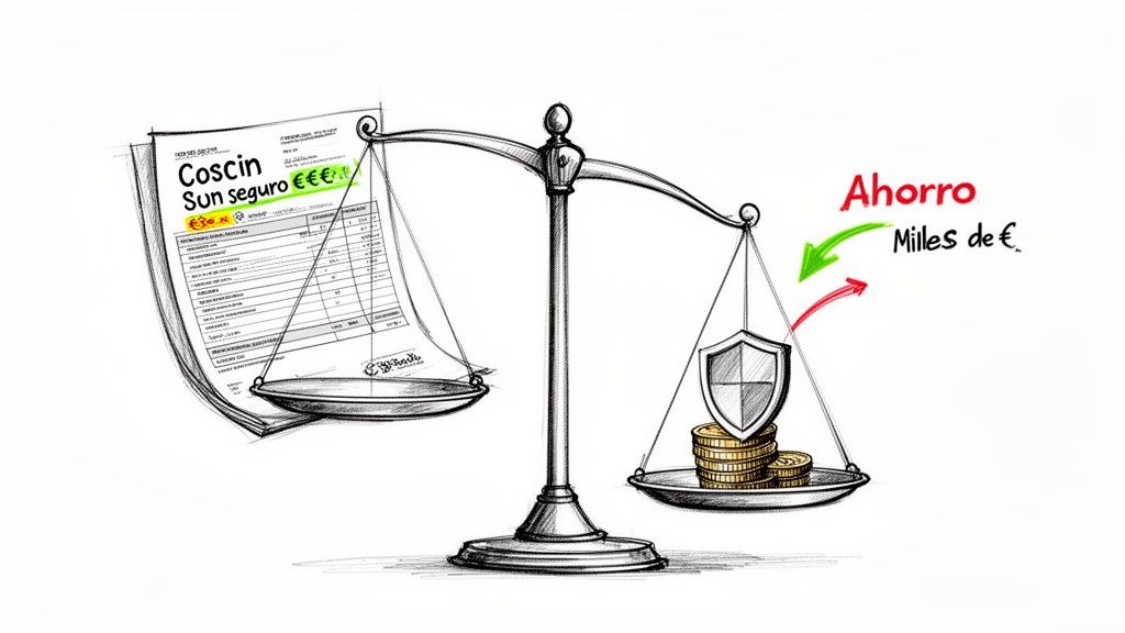 La guía definitiva sobre seguros dentales que cubren todo en España 3 Una balanza sopesa un documento de seguro y sus costes frente al ahorro y la protección.