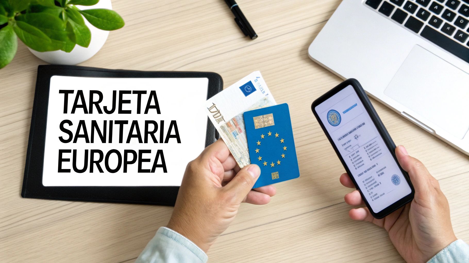 Persona con Tarjeta Sanitaria Europea física y digital, dinero y portátil en escritorio de madera.