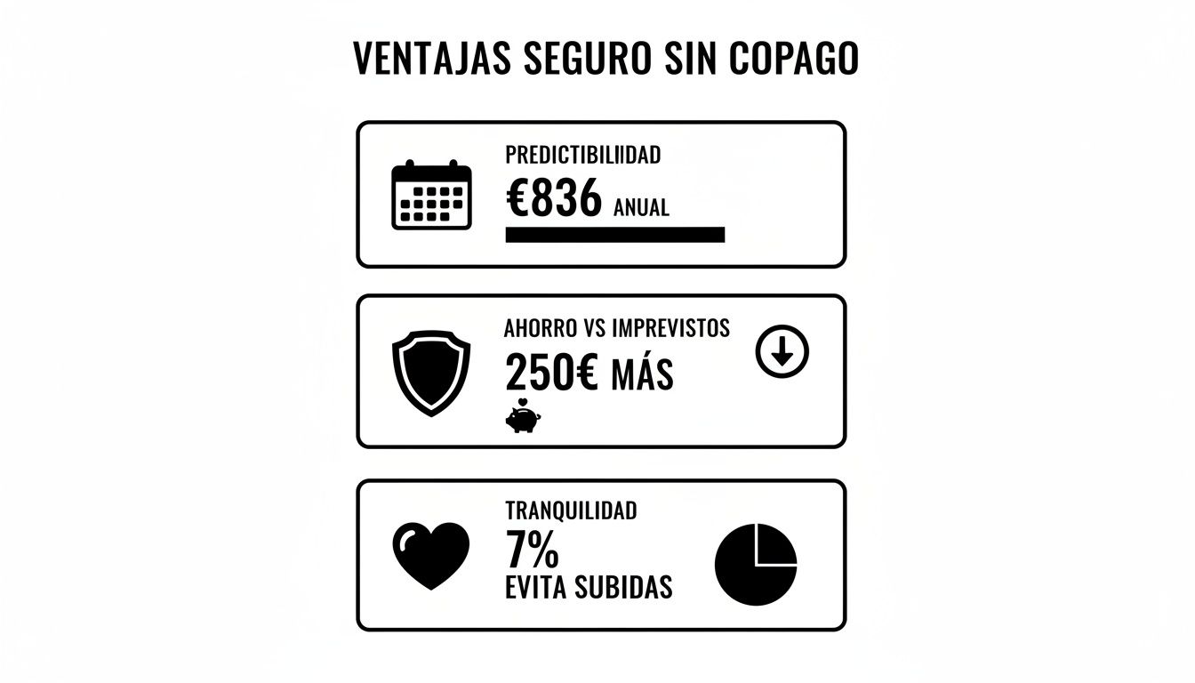 La guía del seguro sin copago para estudiantes y expatriados en España 2 Infografía que muestra las ventajas de un seguro sin copago, destacando predictibilidad, ahorro y tranquilidad.
