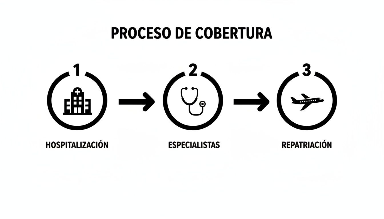 Guía completa del seguro de salud para estudiantes extranjeros en España 3 Diagrama del proceso de cobertura con los pasos: hospitalización, especialistas y repatriación.