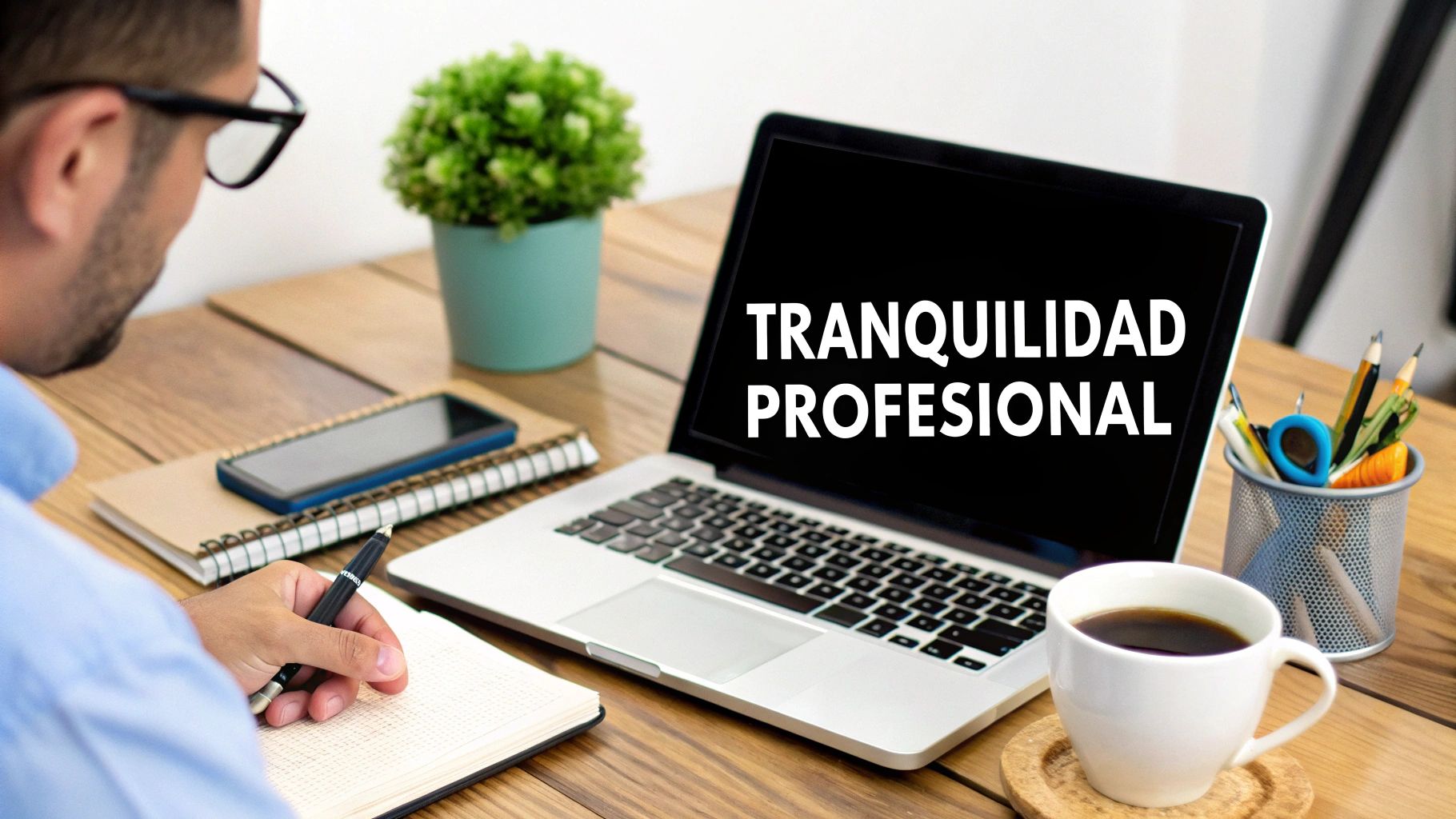 Hombre en un escritorio con portátil, tomando notas, con el texto 'Tranquilidad Profesional' en la pantalla.
