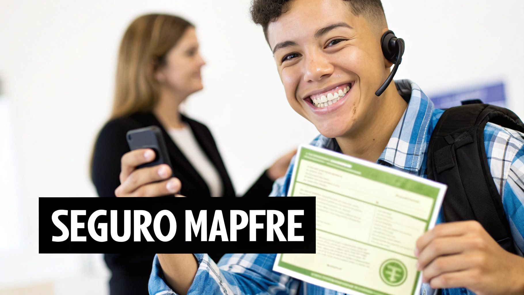 Joven estudiante sonriente con auricular y mochila, mostrando un documento de seguro Mapfre, con mujer al fondo.