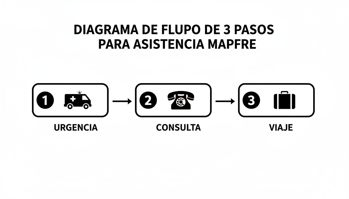 Diagrama de flujo de 3 pasos para asistencia MAPFRE: Urgencia, Consulta y Viaje.