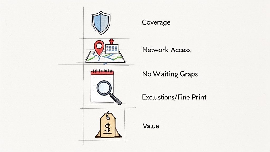 Comparativa: comparativa seguros salud sin copagos para estudiantes 2 Ilustración que detalla cinco criterios esenciales para evaluar seguros de salud: cobertura, red, sin periodos de espera, exclusiones y valor.