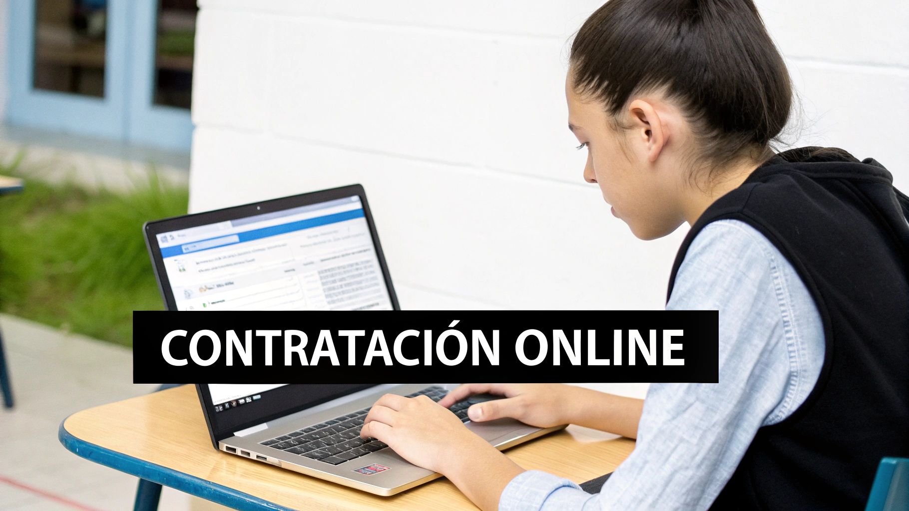 Joven persona usando un portátil para trámites de 'Contratación Online' en un escritorio.