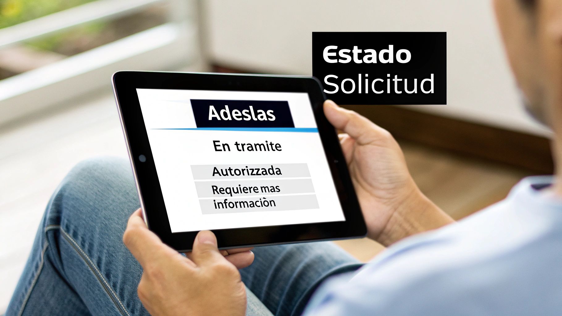Persona revisando en una tablet el estado de una solicitud de Adeslas con opciones como 'En trámite' y 'Autorizada'.