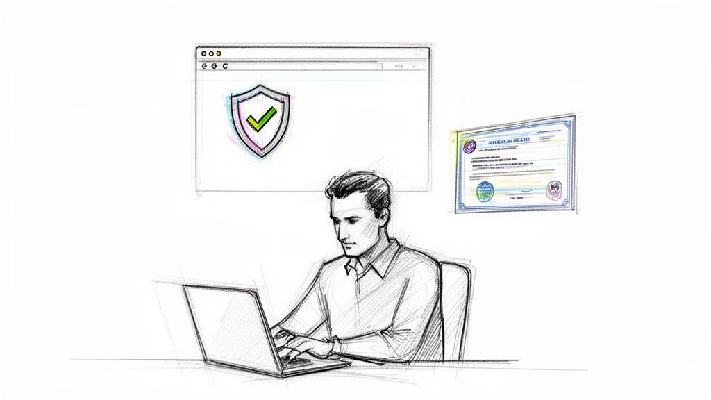 Cuánto cuesta un seguro médico privado en España y cómo elegir el mejor 3 Hombre trabajando en un portátil con seguridad web y certificado digital, sugiriendo protección y confianza.