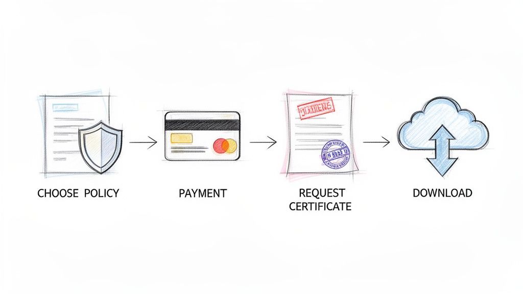 Certificado de seguros con cobertura de fallecimiento para tu visado en España 4 Diagrama que ilustra los pasos para obtener un certificado de seguro: elección de póliza, pago, solicitud y descarga.