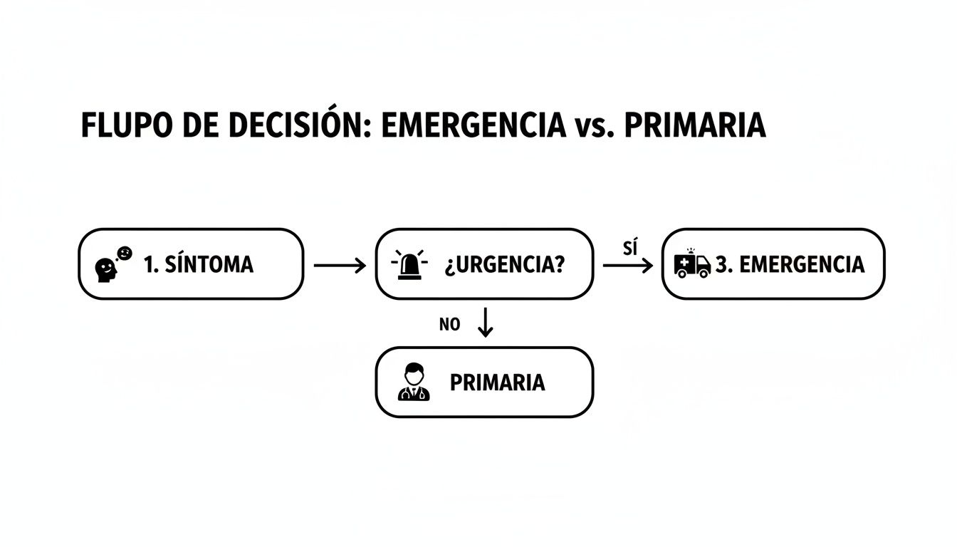 Diagrama de flujo médico para decidir entre atención de emergencia y primaria según los síntomas.