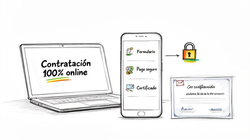 Seguro medico en españa para extranjeros: guía de requisitos y coberturas 2 Proceso de contratación 100% online mostrando un portátil, un móvil con formulario, pago seguro y certificado digital.