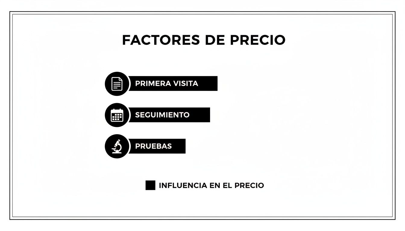 Factores de precio que incluyen primera visita, seguimiento y pruebas, mostrando su influencia en el costo.