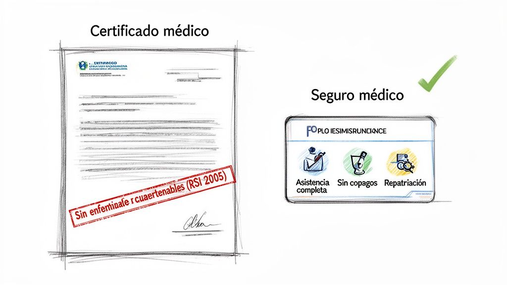 Guía de requisitos visado estudiante españa para estudiar en España 2 Imagen comparativa: Certificado médico con sello 'sin enfermedades' no válido frente a seguro médico con cobertura completa y repatriación, aprobado.