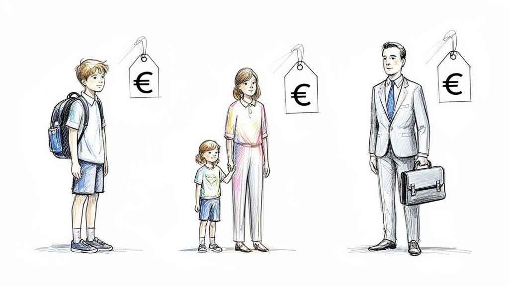 Seguros de salud precios: compara, elige y ahorra hoy 2 Dibujo de personas en diferentes etapas de vida con etiquetas de precio en euros.