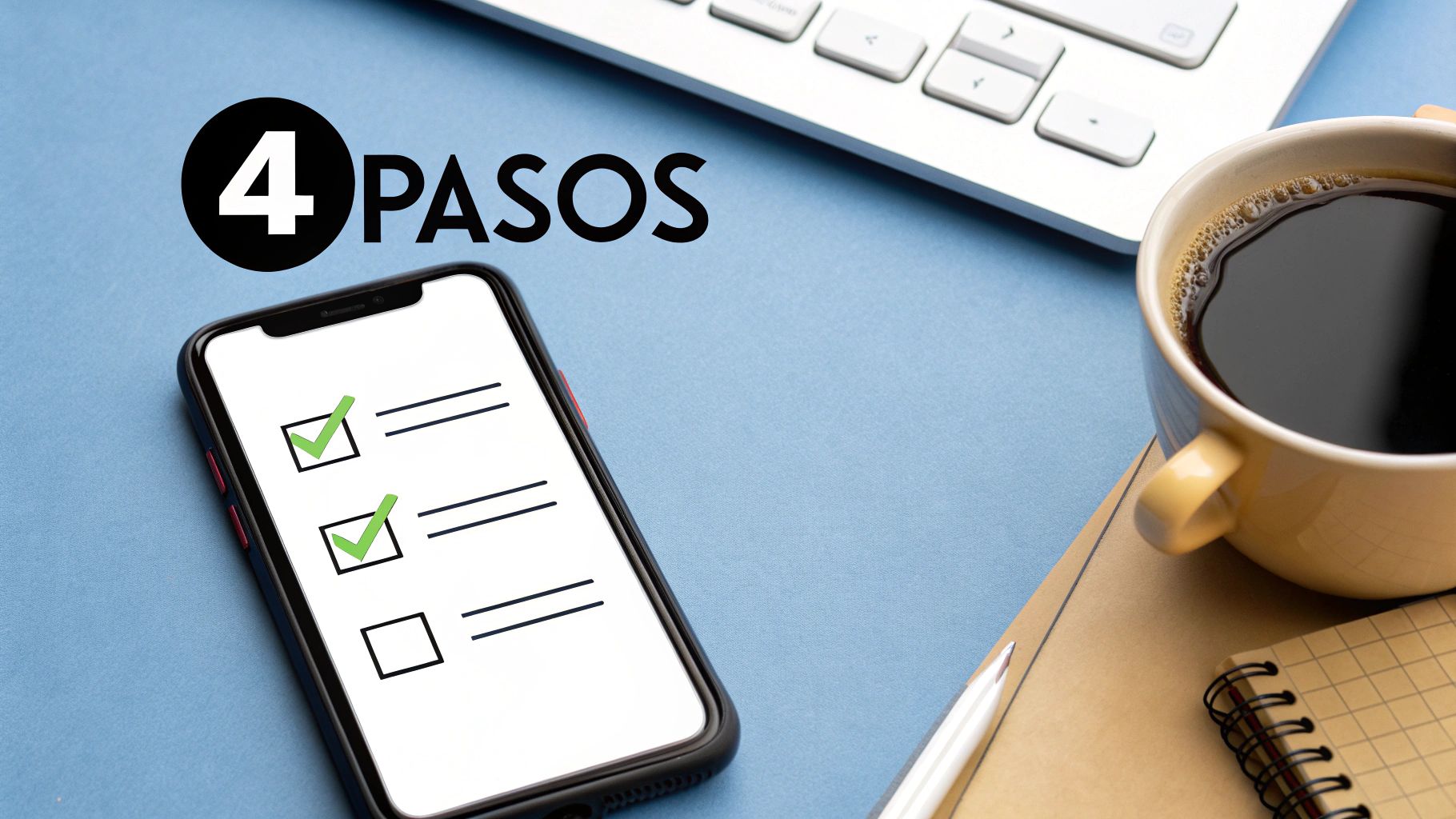 Un escritorio azul con un móvil mostrando una lista de verificación, café, libreta y teclado. Se lee "4 PASOS".