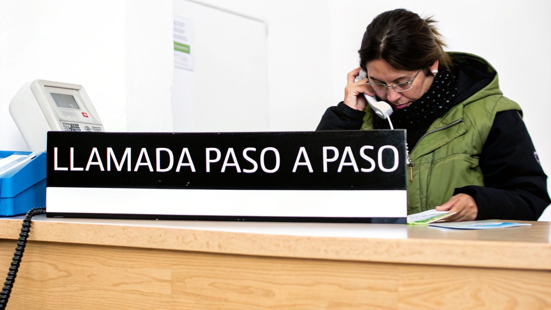 Mujer con gafas hablando por teléfono en un escritorio, con un letrero que dice 'LLAMADA PASO A PASO'.