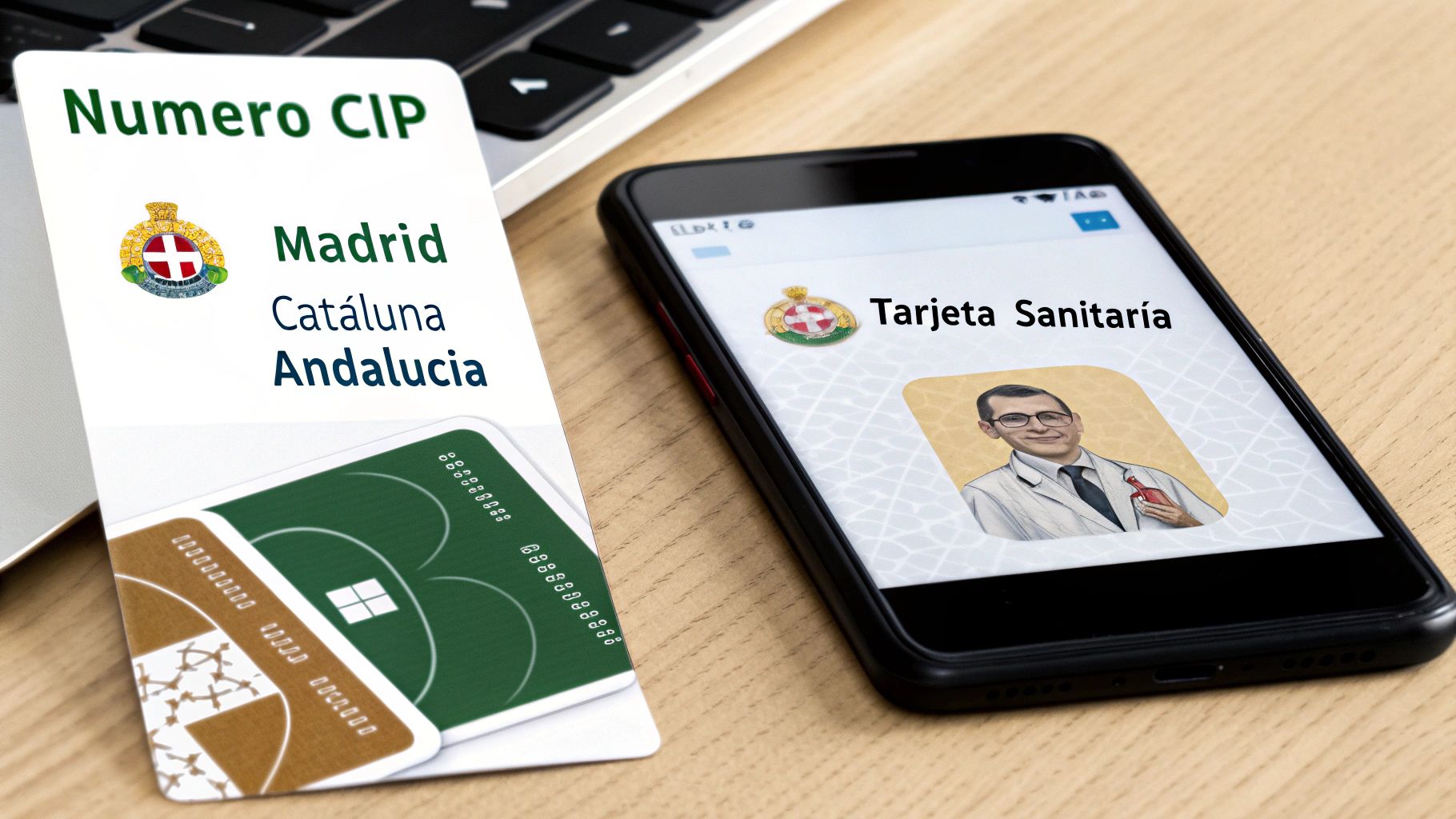 Tarjeta Sanitaria digital en un smartphone y tarjetas físicas con el número CIP para varias regiones españolas.