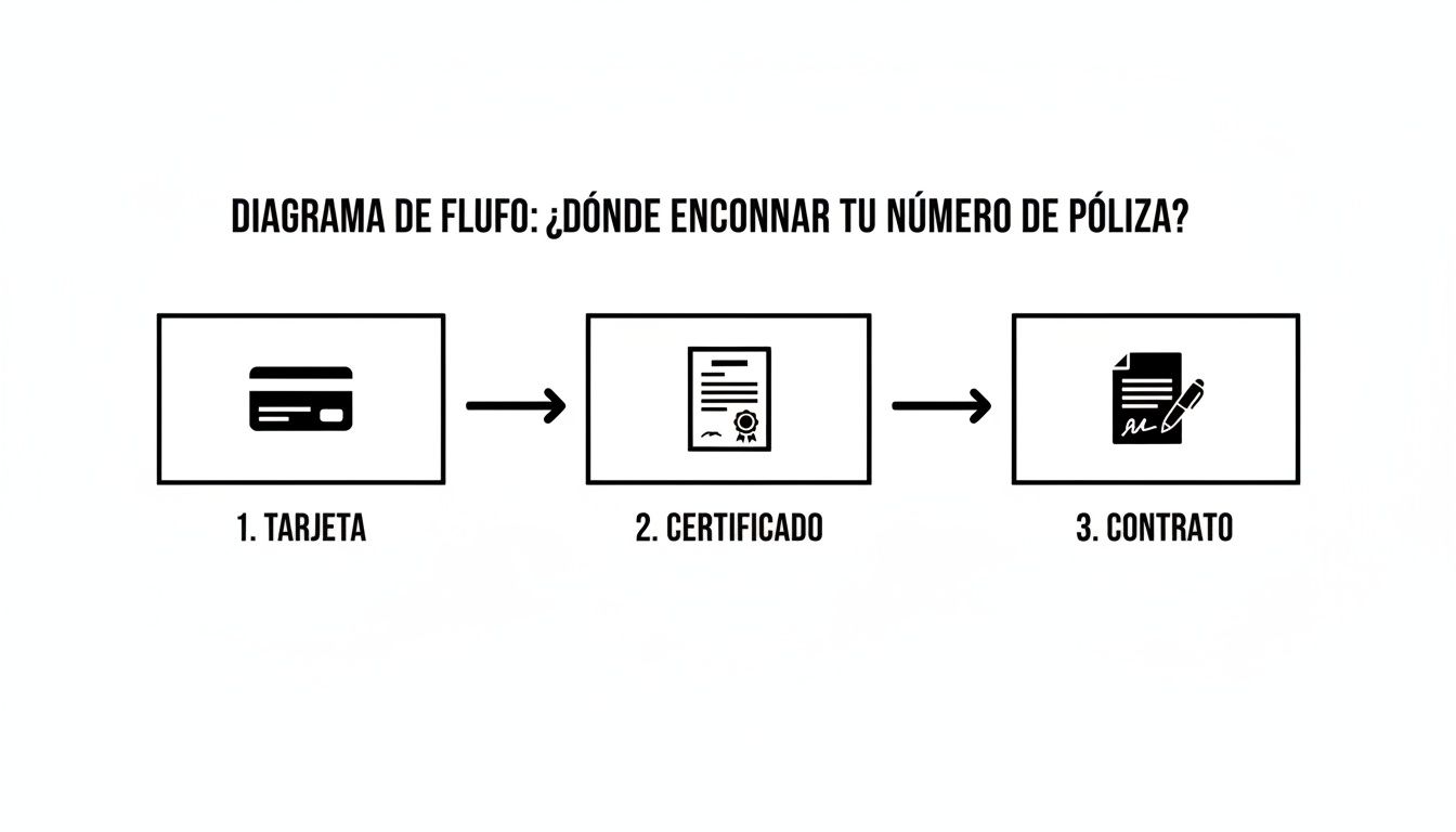 Diagrama de flujo simple que muestra tres lugares comunes para encontrar tu número de póliza: tarjeta, certificado y contrato.