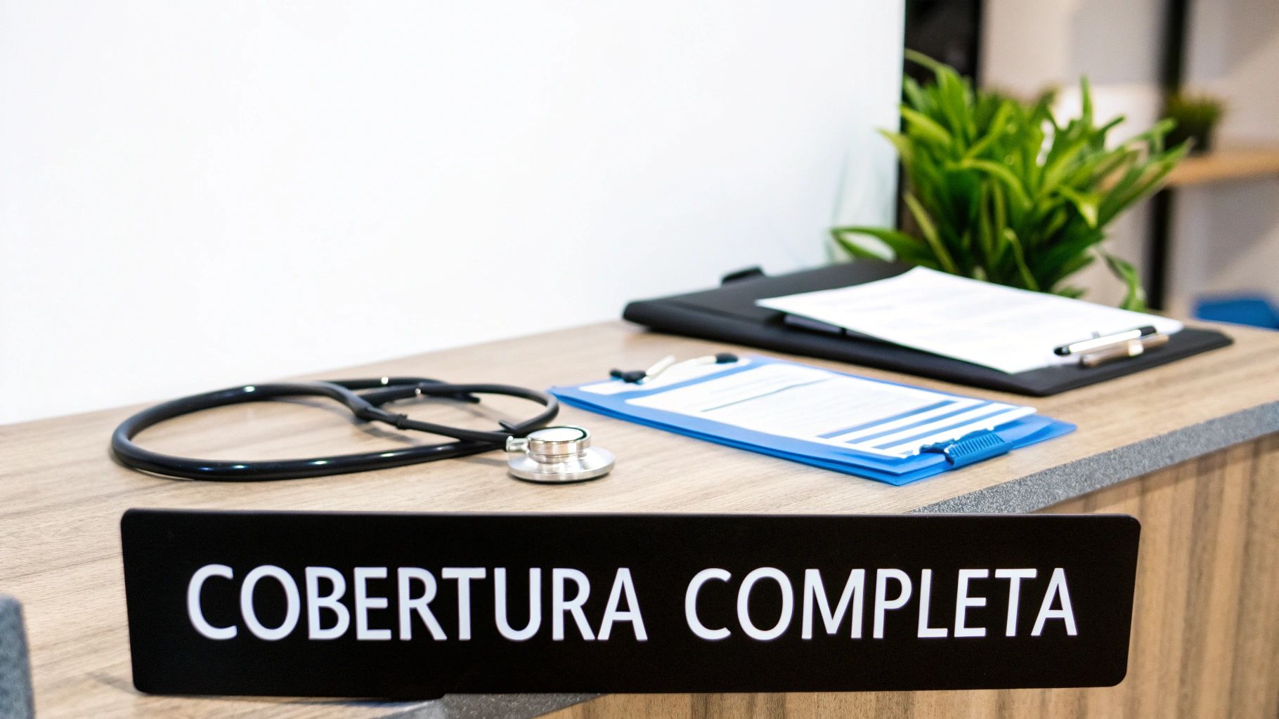 Estetoscopio y documentos en un escritorio de madera, con un cartel que dice 'Cobertura Completa', simbolizando servicios de salud.