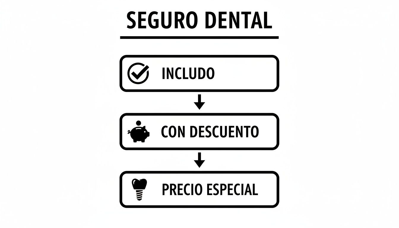 Seguro dental que cubre: qué cubre para estudiantes y expatriados en España 1 Diagrama de flujo de seguro dental mostrando los beneficios: servicios incluidos, opciones con descuento y precios especiales.
