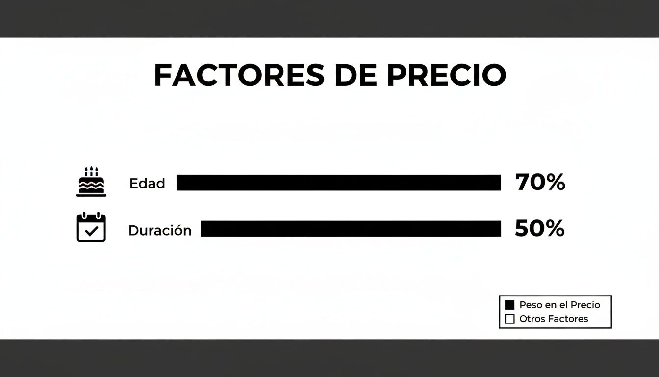 Gráfico de barras sobre los factores de precio que incluyen la edad (70%) y la duración (50%).