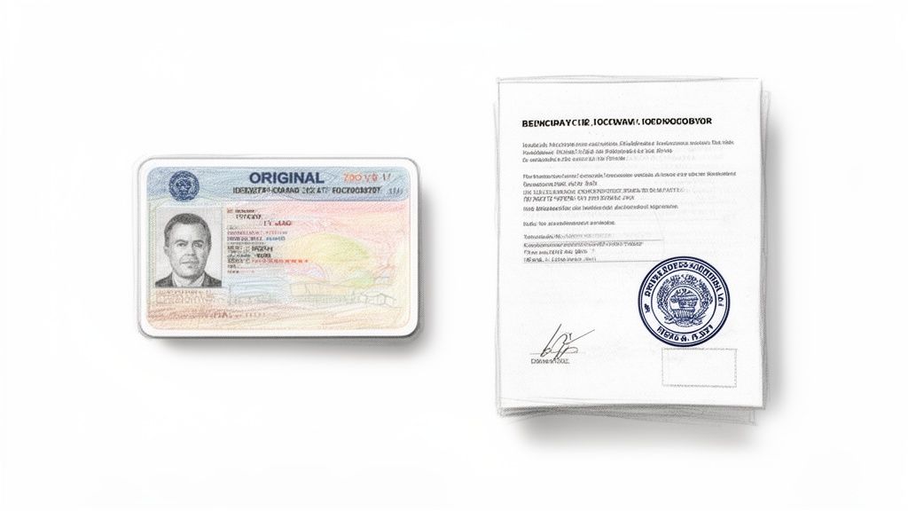 Guía completa para la fotocopia DNI compulsada en trámites españoles 1 Tarjeta de identidad original junto a documentos compulsados con sello oficial, destacando una identificación personal.