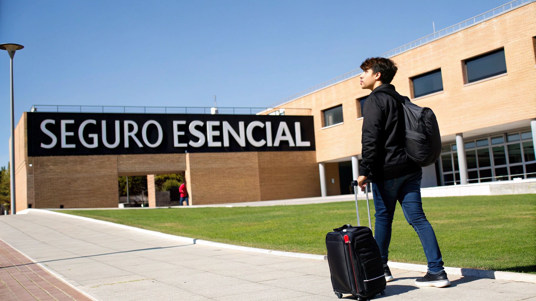 Un joven con mochila y maleta camina frente a un edificio con el letrero 'SEGURO ESENCIAL' bajo un cielo azul.