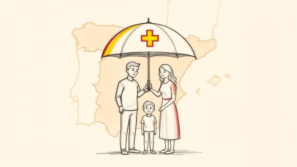 Precio seguro medico familiar: guía para España (precio seguro medico familiar) 1 Familia bajo paraguas con cruz roja y colores de España, simbolizando protección de salud familiar.