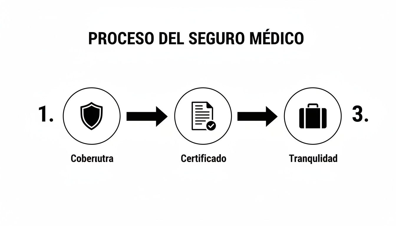 Tu guía completa para el visado Schengen España y cómo obtenerlo 3 Diagrama del proceso del seguro médico en tres pasos: cobertura, certificado y tranquilidad.