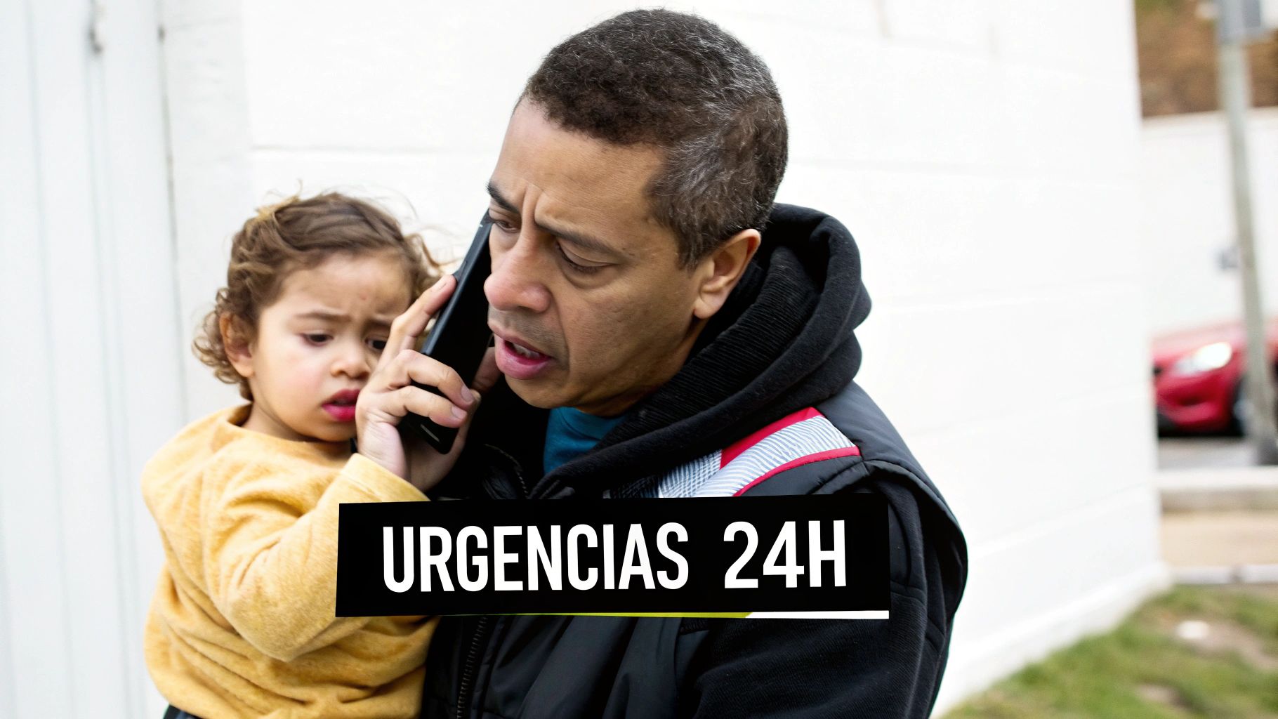 Hombre hablando por teléfono mientras sostiene a un niño, con el texto 'URGENCIAS 24H'.