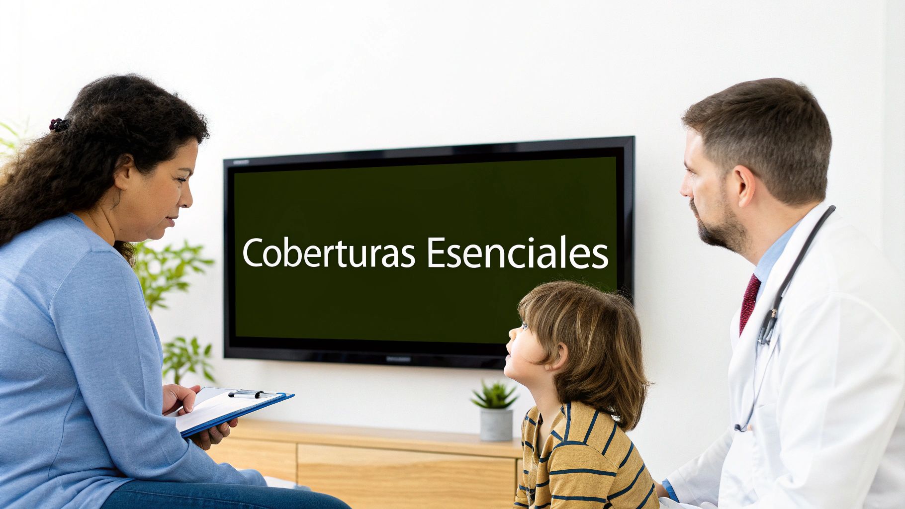 Doctor discute Coberturas Esenciales con madre e hijo mientras miran la televisión.