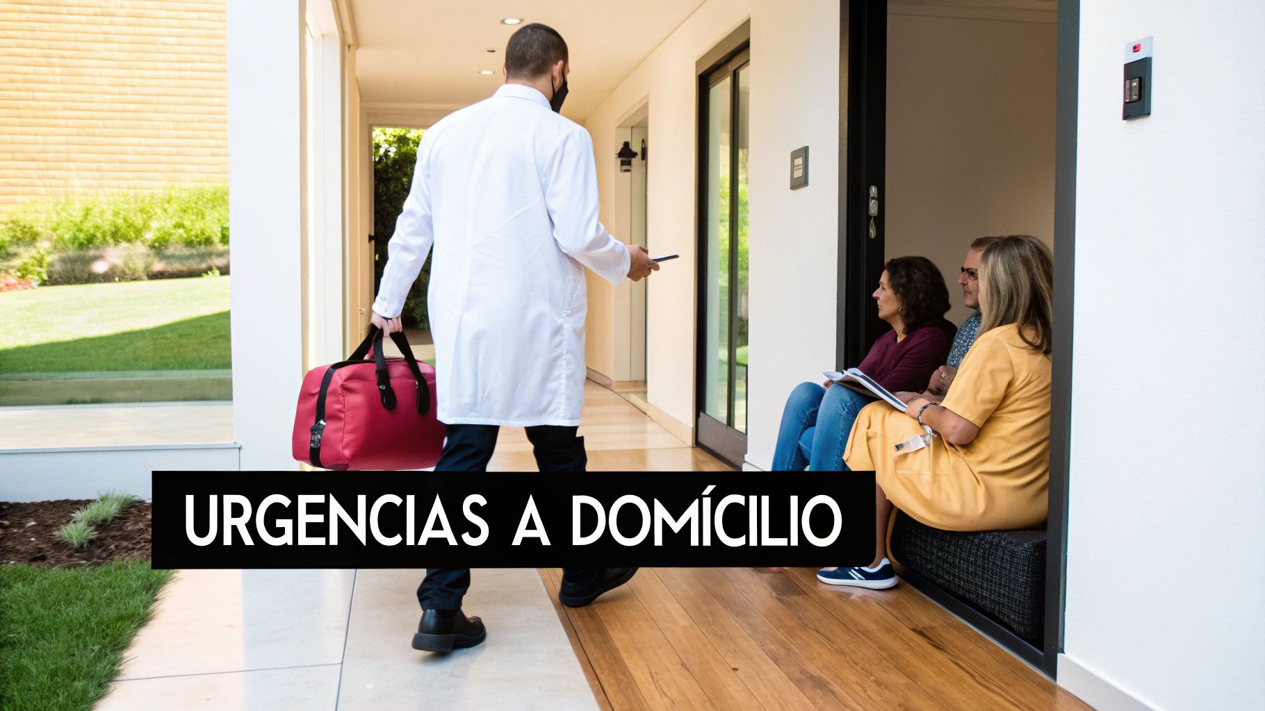 Doctor con bata blanca y mascarilla, llevando maletín rojo, atiende urgencias a domicilio, con pacientes esperando en casa moderna.