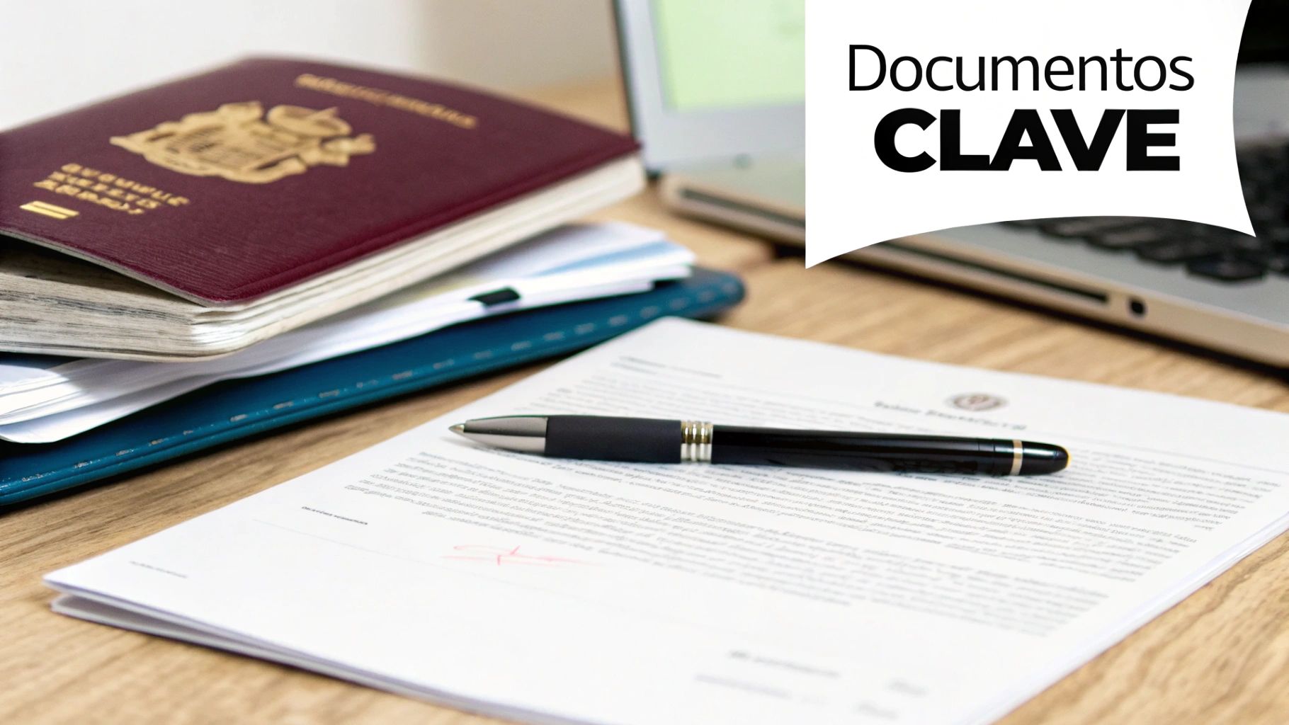 Pasaporte, documentos, bolígrafo y laptop en un escritorio de madera con el texto "Documentos CLAVE".
