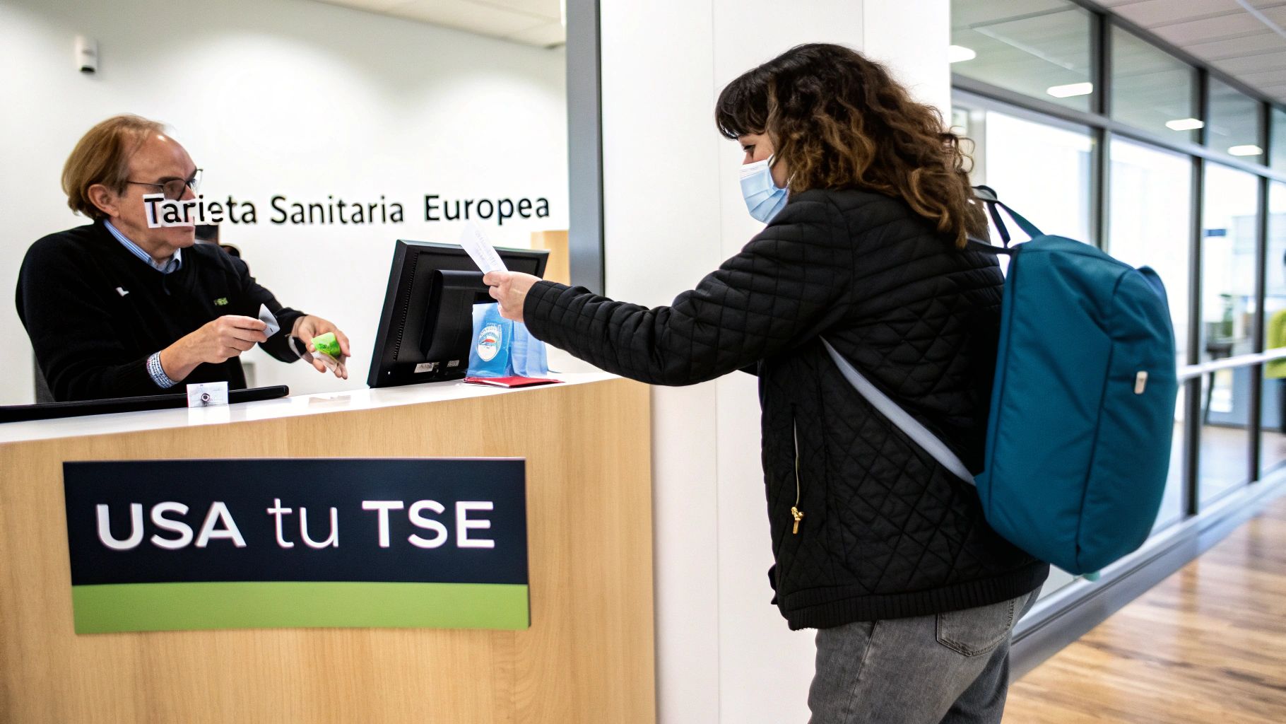 Una mujer con mascarilla entrega documentos a un empleado en un mostrador de atención. Se ven carteles de 'Tarjeta Sanitaria Europea'.