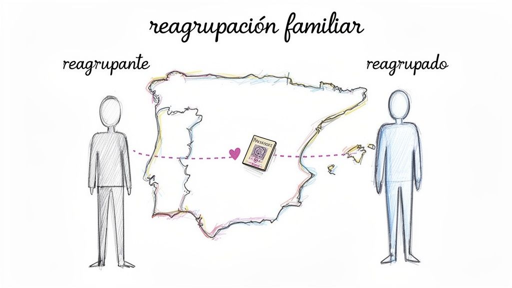 Guía completa de reagrupación familiar en españa requisitos 1 Ilustración conceptual de reagrupación familiar en España, con figuras humanas, mapa de España y pasaporte.
