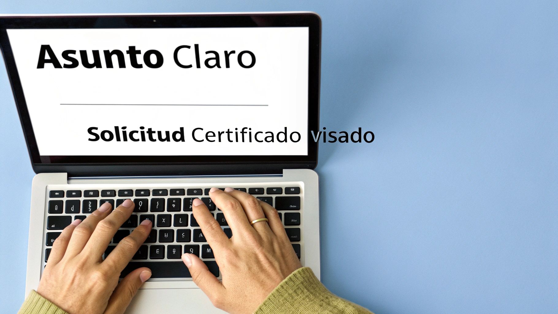Una persona escribiendo en un portátil el asunto de un correo electrónico: 'Solicitud Certificado visado'.