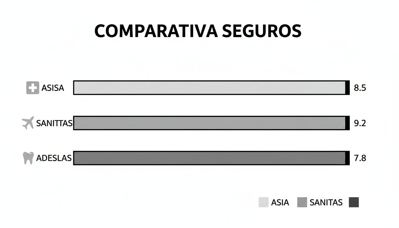 Comparativa: comparativa seguros salud sin copagos para estudiantes 3 Gráfico de barras comparando seguros médicos ASISA (8.5), Sanitas (9.2) y Adeslas (7.8), mostrando diferencias en valoración.