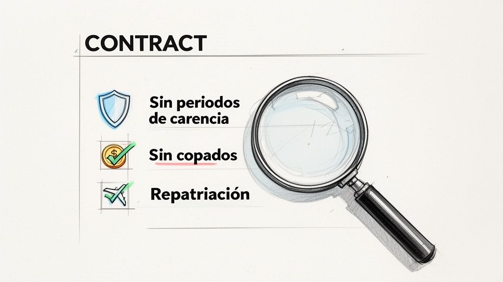 Seguros medicos sin carencia: guía para visa y estancia en España 3 Lista de beneficios de un contrato: sin carencia, sin copagos y repatriación, ilustrado con iconos y lupa.